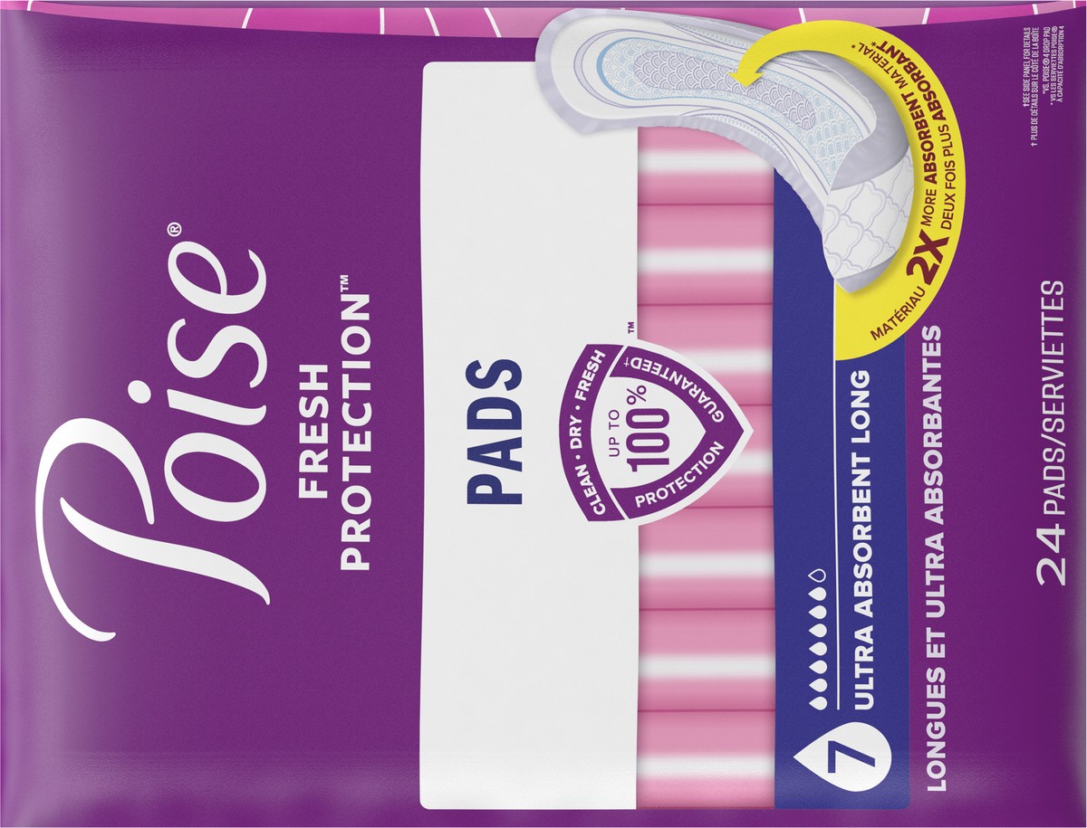 slide 7 of 9, Poise Incontinence & Postpartum Pads for Bladder Leaks, 7 Drop Ultra Absorbency, Long Length, 24 Count, 24 ct