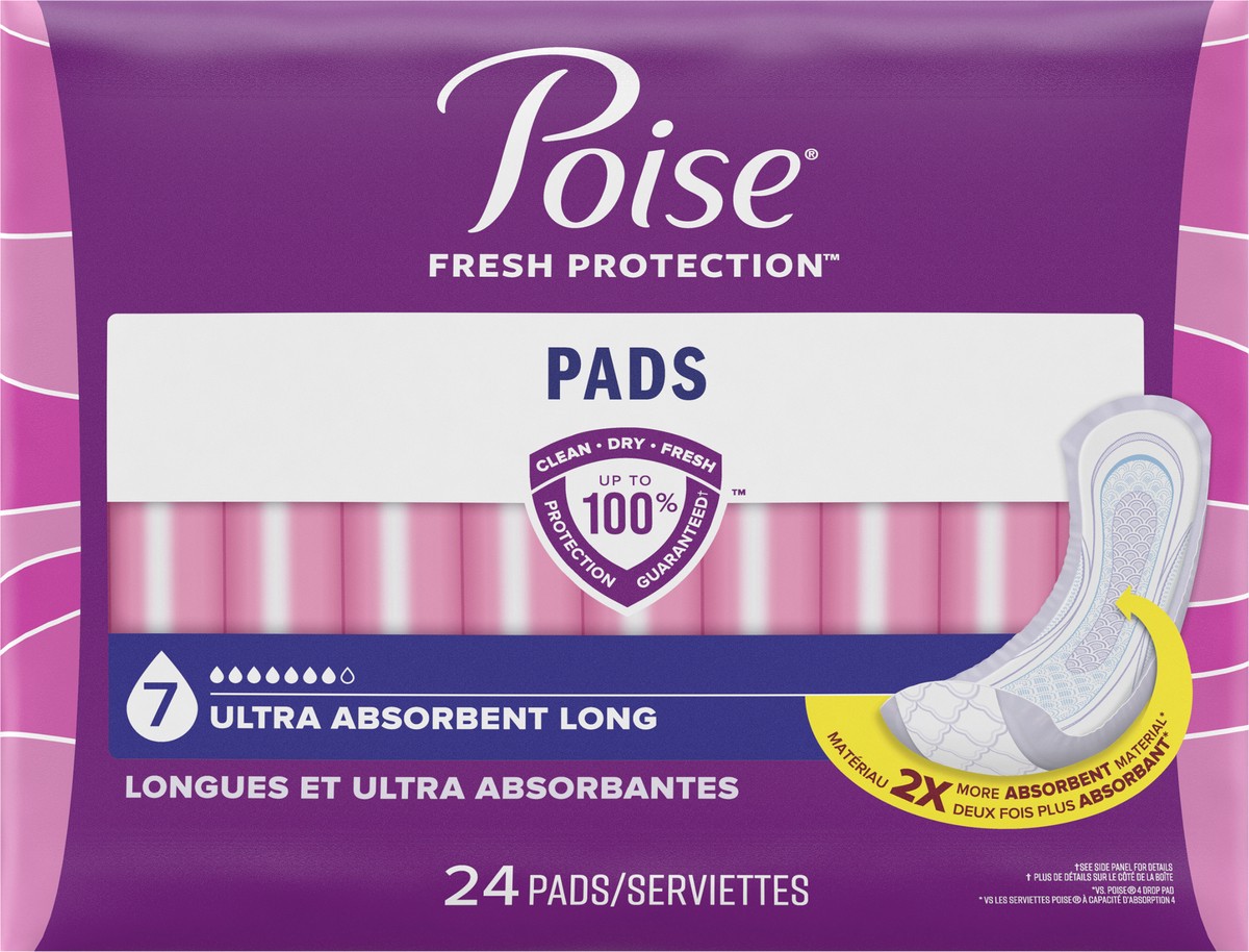 slide 2 of 9, Poise Incontinence & Postpartum Pads for Bladder Leaks, 7 Drop Ultra Absorbency, Long Length, 24 Count, 24 ct