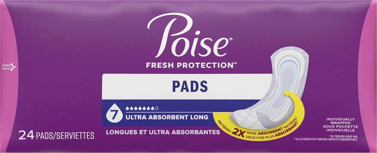 slide 8 of 9, Poise Incontinence & Postpartum Pads for Bladder Leaks, 7 Drop Ultra Absorbency, Long Length, 24 Count, 24 ct
