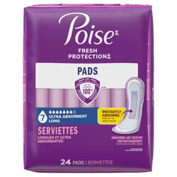 Poise Incontinence & Postpartum Pads for Bladder Leaks, 7 Drop Ultra Absorbency, Long Length, 24 Count