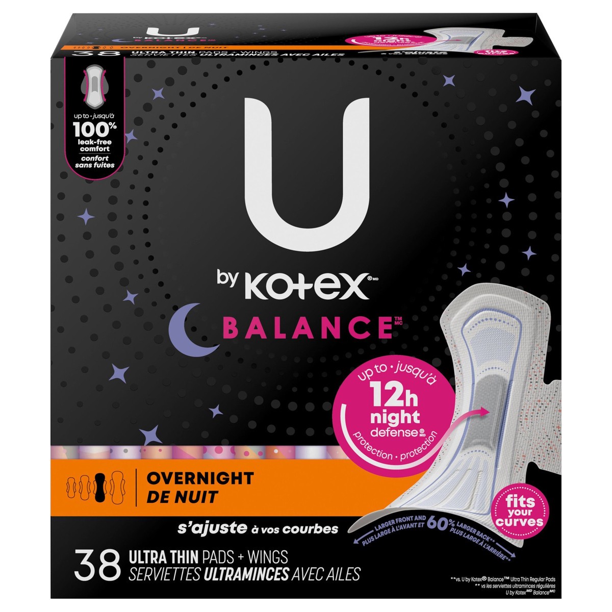 slide 1 of 1, U by Kotex Balance Ultra Thin Overnight Pads with Wings, 38 Count, 26 ct