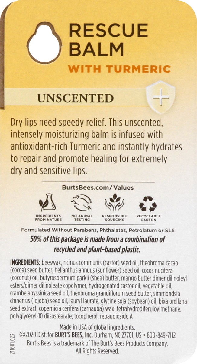 slide 9 of 9, Burt's Bees Rescue Balm Unscented Lip Balm, Natural Origin Lip Care, 1 Tube, 0.15 oz., 0.15 oz