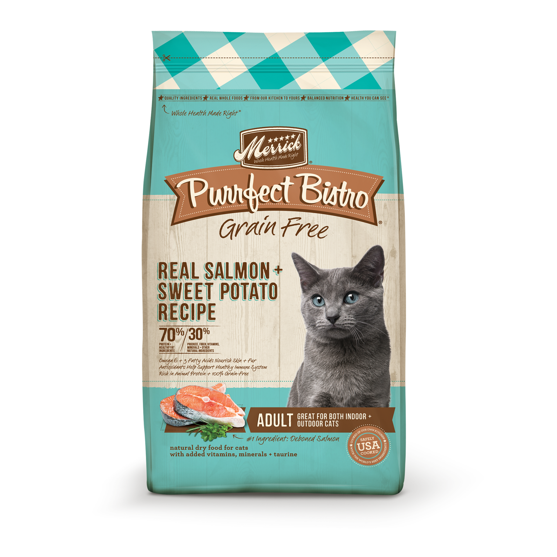 slide 1 of 4, Merrick Purrfect Bistro Grain Free Cat Food, Real Salmon and Sweet Potato Dry Cat Food Recipe - 7 lb Bag, 7 lb