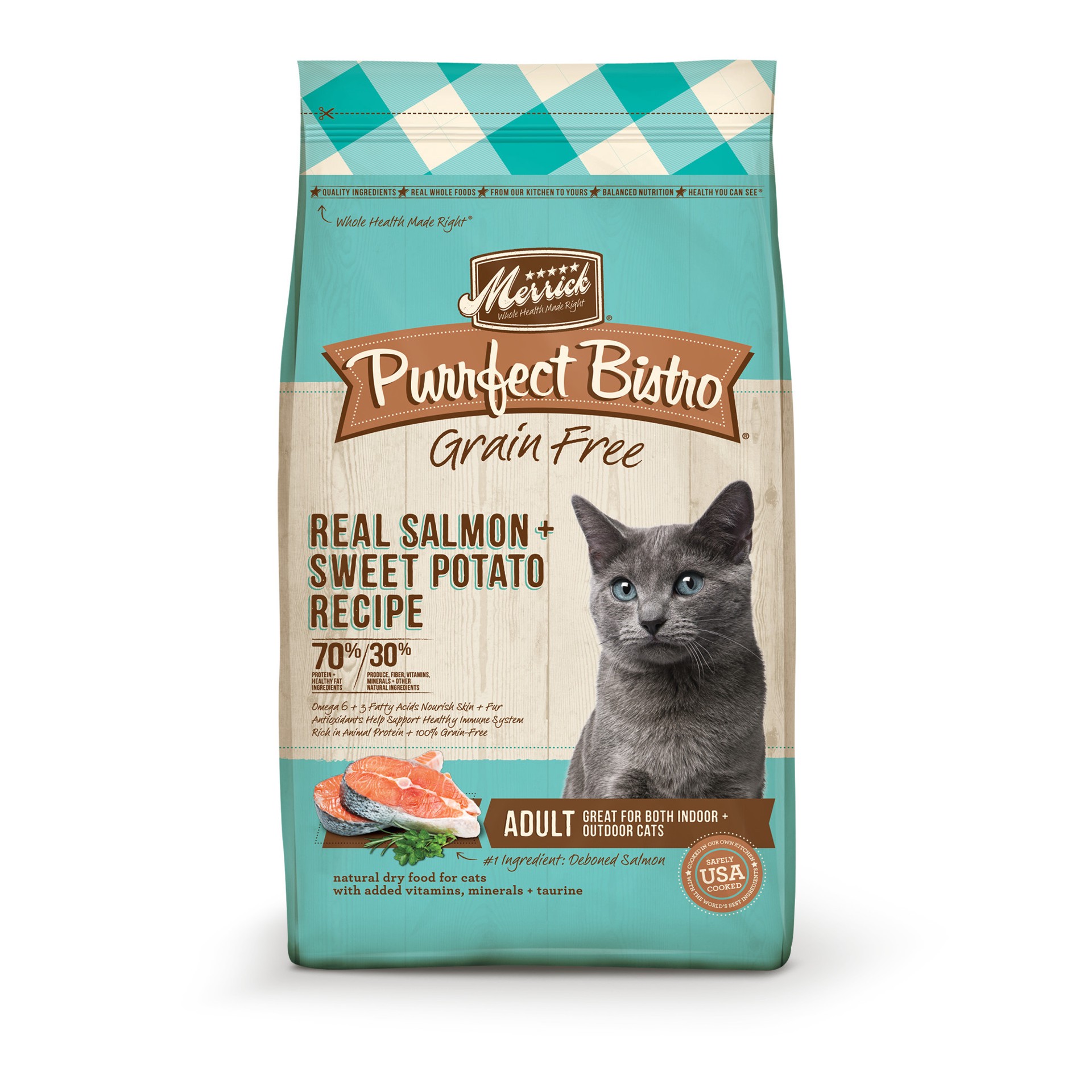 slide 1 of 4, Merrick Purrfect Bistro Grain Free Natural Dry Cat Food For Adult Cats, Real Salmon And Sweet Potato Recipe, 7 lb