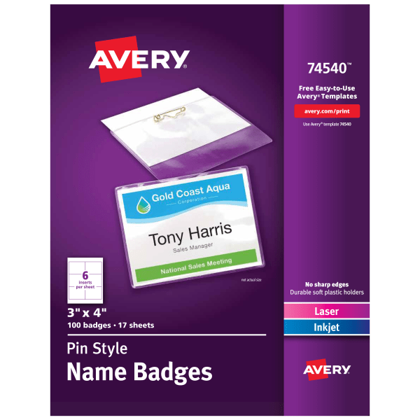 slide 1 of 8, Avery Pin Style Name Badge Kits, Top Loading, 100 ct; 3 in x 4 in