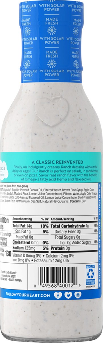 slide 3 of 4, Follow Your Heart Vegan Ranch Dressing, Non-GMO, Dairy Free, Gluten Free, Creamy Salad Dressing with the Benefits of Hemp and Flaxseed Oils, 12 OZ Bottle, 12 fl oz