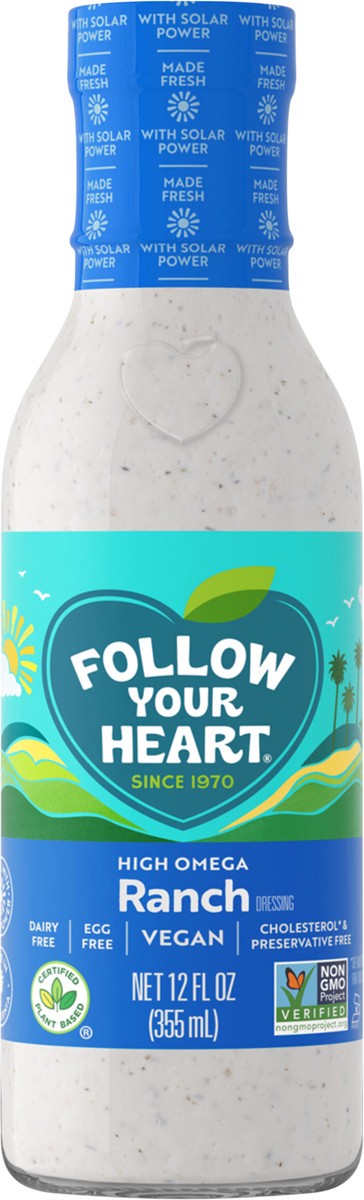 slide 2 of 4, Follow Your Heart Vegan Ranch Dressing, Non-GMO, Dairy Free, Gluten Free, Creamy Salad Dressing with the Benefits of Hemp and Flaxseed Oils, 12 OZ Bottle, 12 fl oz