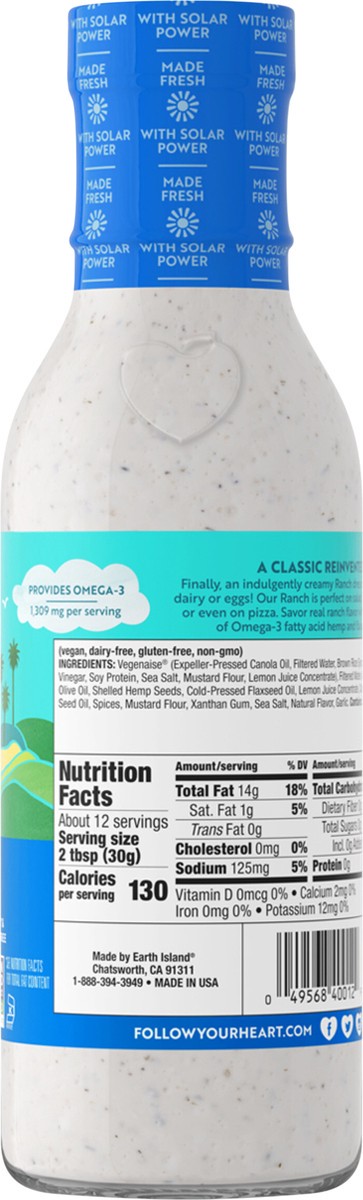 slide 4 of 4, Follow Your Heart Vegan Ranch Dressing, Non-GMO, Dairy Free, Gluten Free, Creamy Salad Dressing with the Benefits of Hemp and Flaxseed Oils, 12 OZ Bottle, 12 fl oz