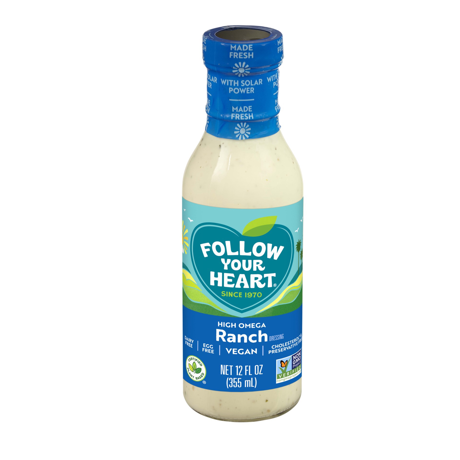 slide 1 of 4, Follow Your Heart Vegan Ranch Dressing, Non-GMO, Dairy Free, Gluten Free, Creamy Salad Dressing with the Benefits of Hemp and Flaxseed Oils, 12 OZ Bottle, 12 fl oz