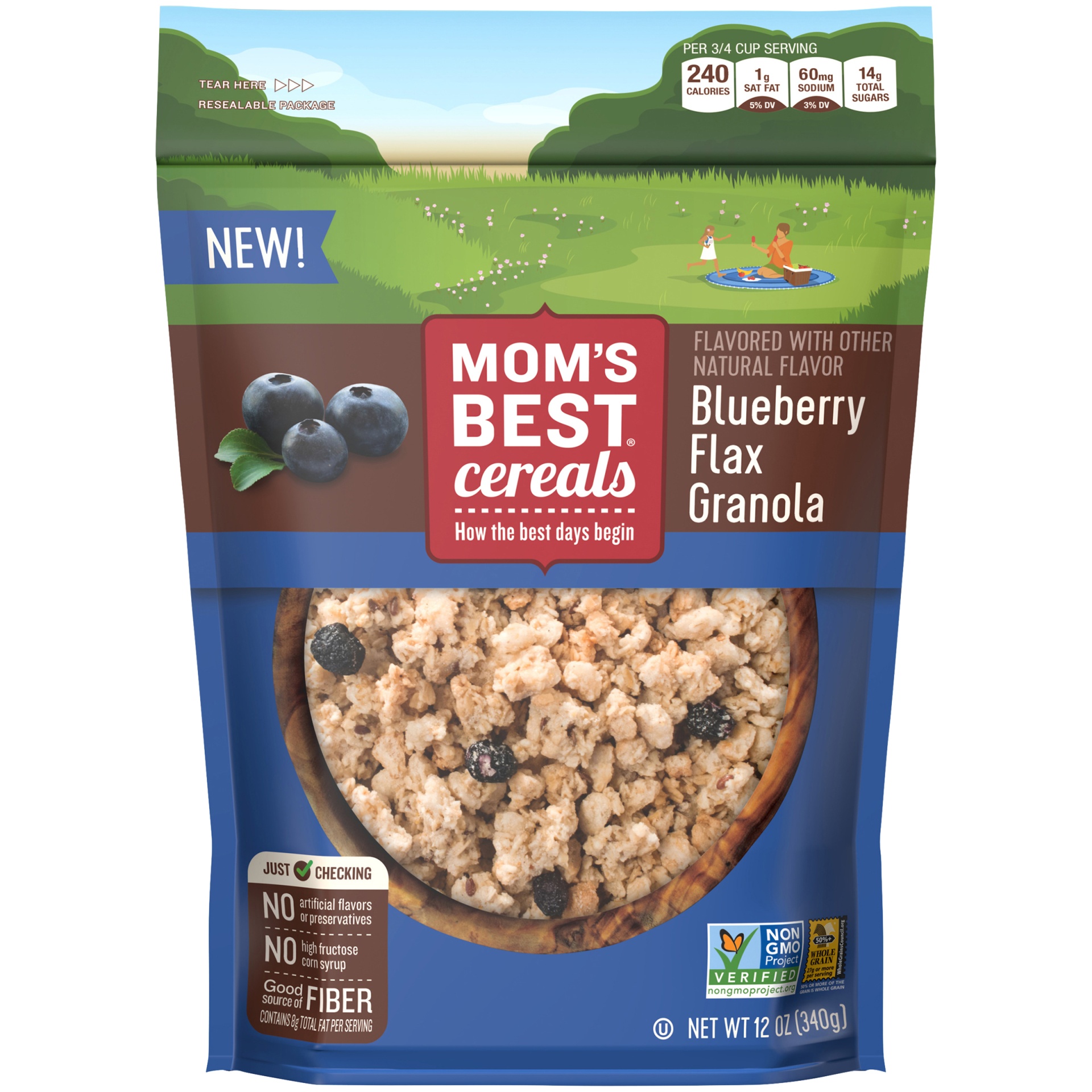 slide 1 of 1, Mom's Best Blueberry Flax Granola, Made with Whole Grain, Non-GMO Project Verified, Kosher, No High Fructose Corn Syrup, 12 oz