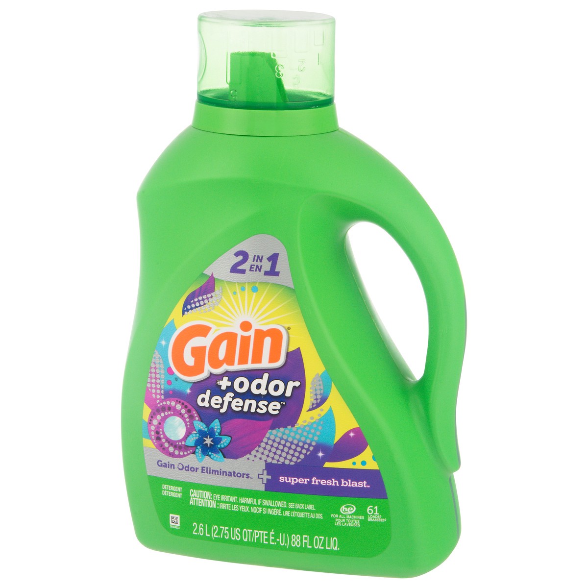 slide 5 of 9, Gain Odor Defense Liquid Laundry Detergent, Super Fresh Blast Scent, 88 fl oz, 61 loads, 2 in 1, Laundry Detergent Liquid Soap, HE compatible, 92 oz