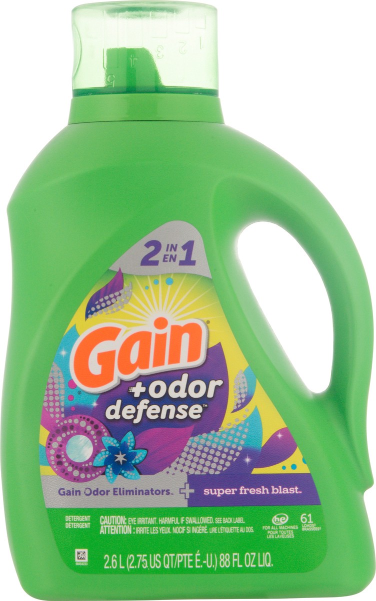 slide 6 of 9, Gain Odor Defense Liquid Laundry Detergent, Super Fresh Blast Scent, 88 fl oz, 61 loads, 2 in 1, Laundry Detergent Liquid Soap, HE compatible, 92 oz