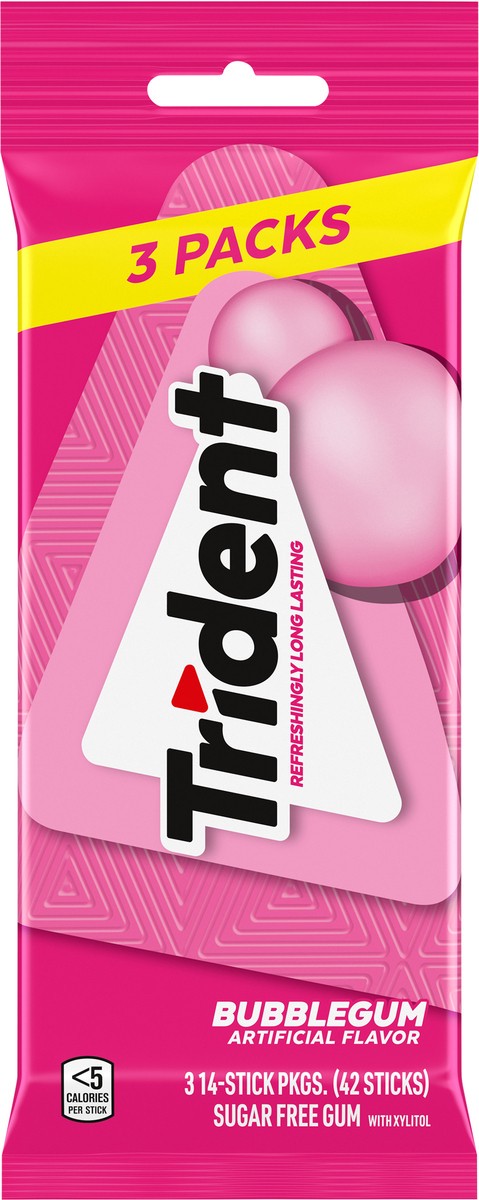 slide 7 of 9, Trident Sugar Free Bubblegum Gum with Xylitol 3 - 14 Stick Packages, 3 ct
