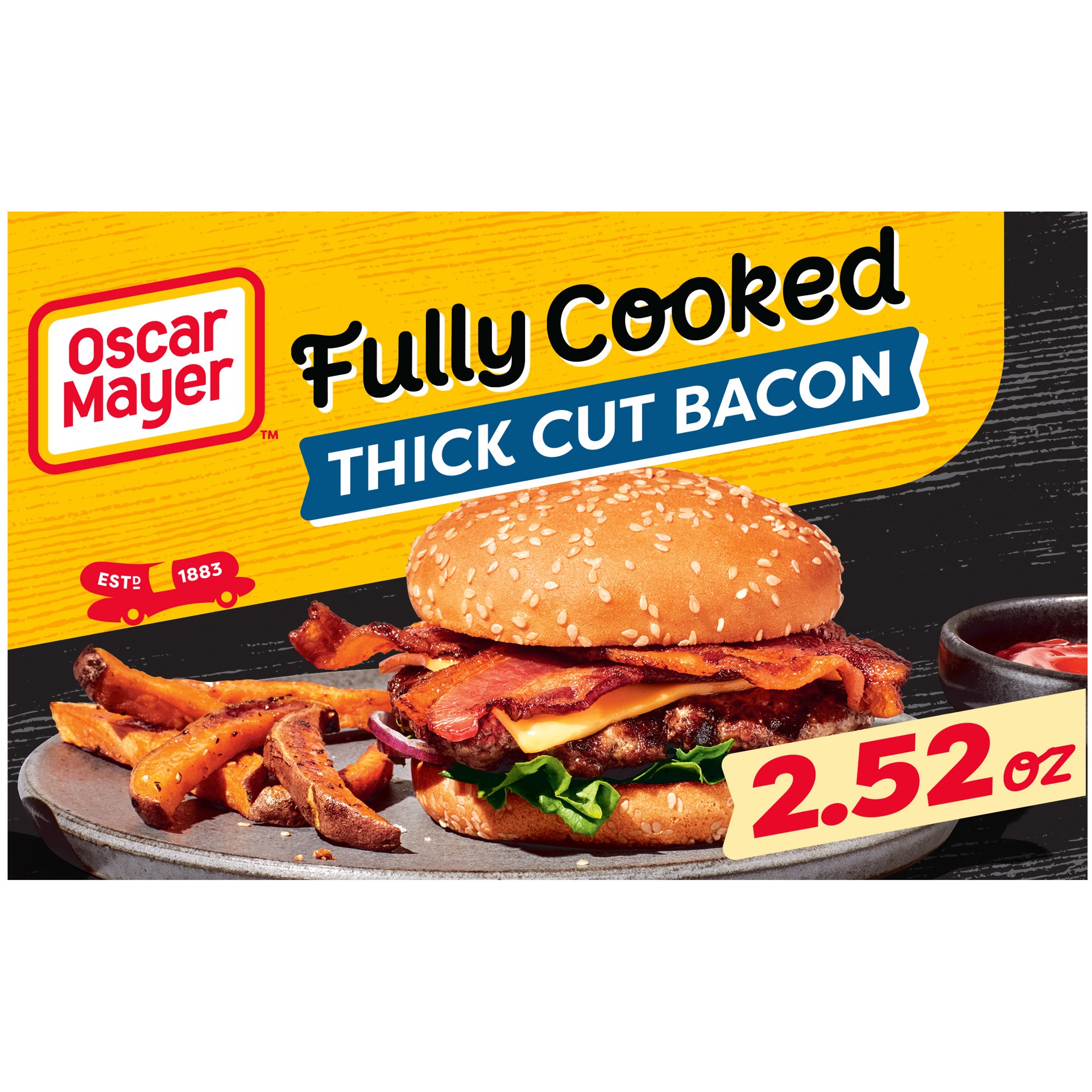 slide 1 of 9, Oscar Mayer Fully Cooked Thick Cut Bacon, 2.52 oz Box, 7-9 slices, 2.52 oz