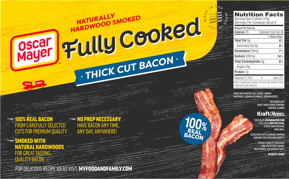 slide 5 of 9, Oscar Mayer Thick Cut Fully Cooked Bacon, 2.52 oz