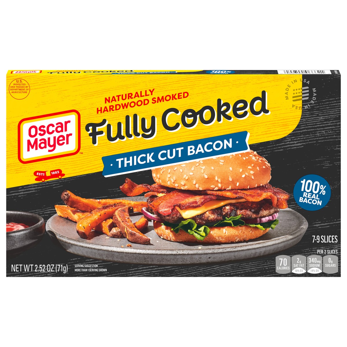 slide 1 of 9, Oscar Mayer Thick Cut Fully Cooked Bacon, 2.52 oz