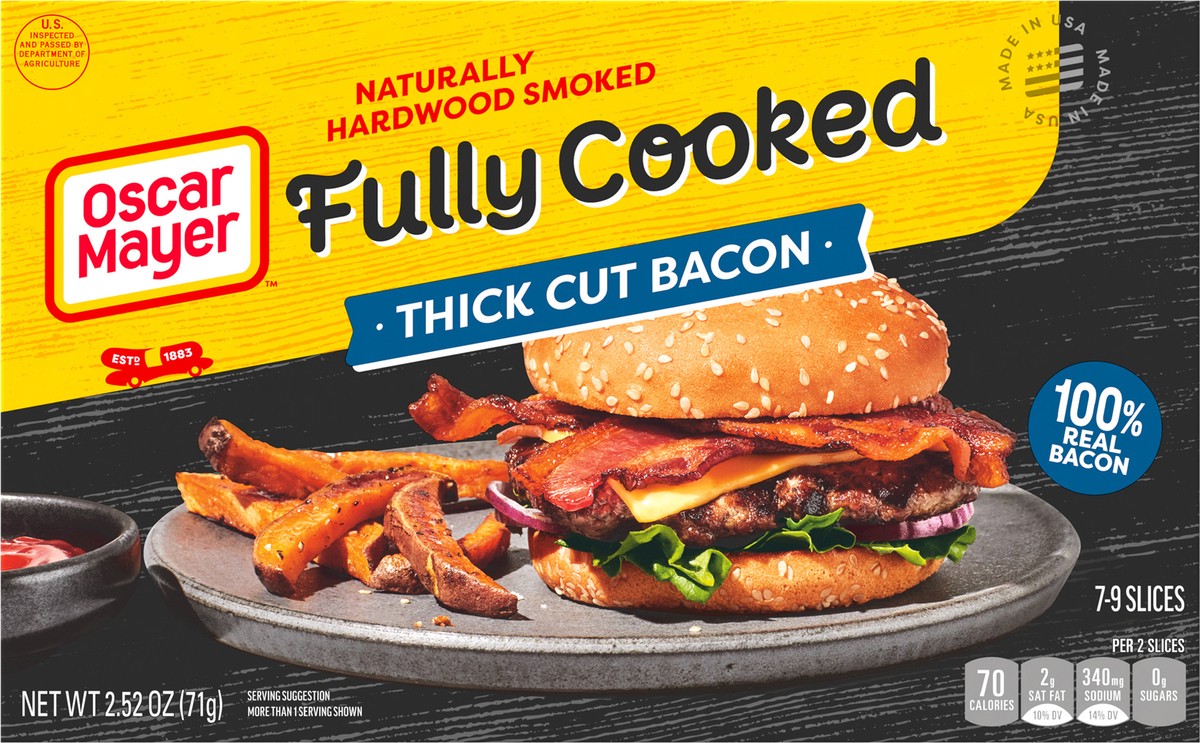 slide 6 of 9, Oscar Mayer Thick Cut Fully Cooked Bacon, 2.52 oz