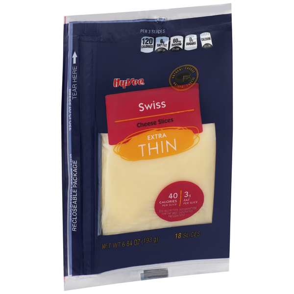 slide 1 of 1, Hy-vee Swiss Extra Thin Cheese Slices - 18 ct; 6.84 oz, 18 ct; 6.84 oz