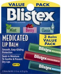 Blistex Value Pack SPF 15 Medicated Mint/Berry/Classic Lip Balm 3.0 ea