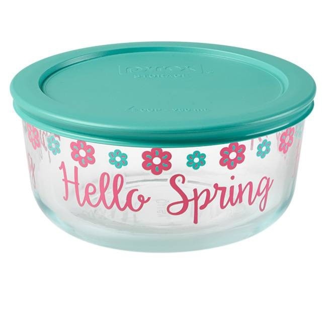 slide 1 of 1, Pyrex 4 Cup Glass Happy Spring Food Storage Container Turquoise, 1 ct