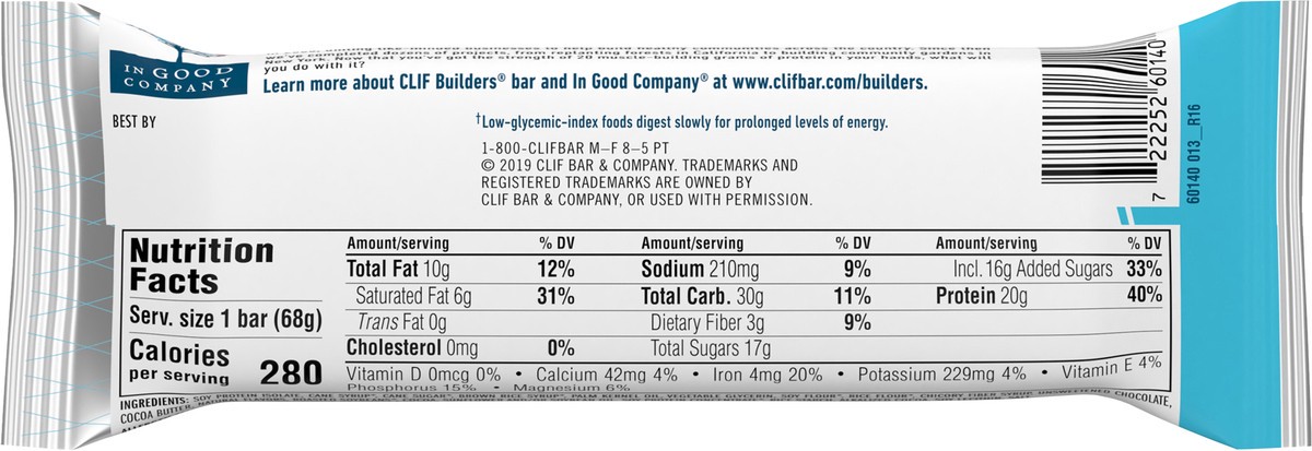 slide 5 of 9, CLIF Builders - Cookies 'n Cream Flavor - Protein Bar - Gluten-Free - Non-GMO - Low Glycemic - 20g Protein - 2.4 oz., 2.4 oz