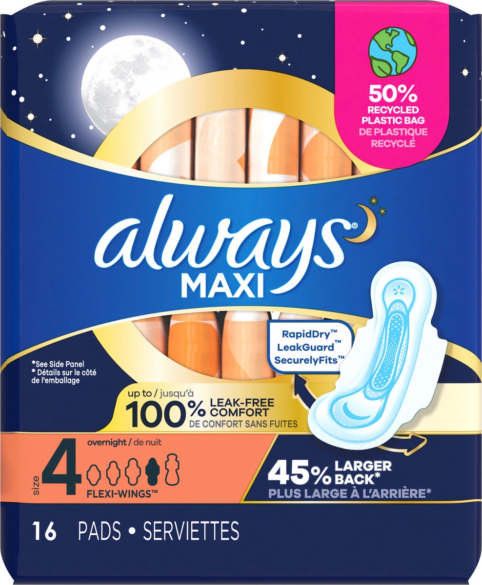 slide 4 of 5, Always Maxi Overnight Pads with Wings for Women, Size 4, Overnight Absorbency, Unscented, 16 Count, 16 ct