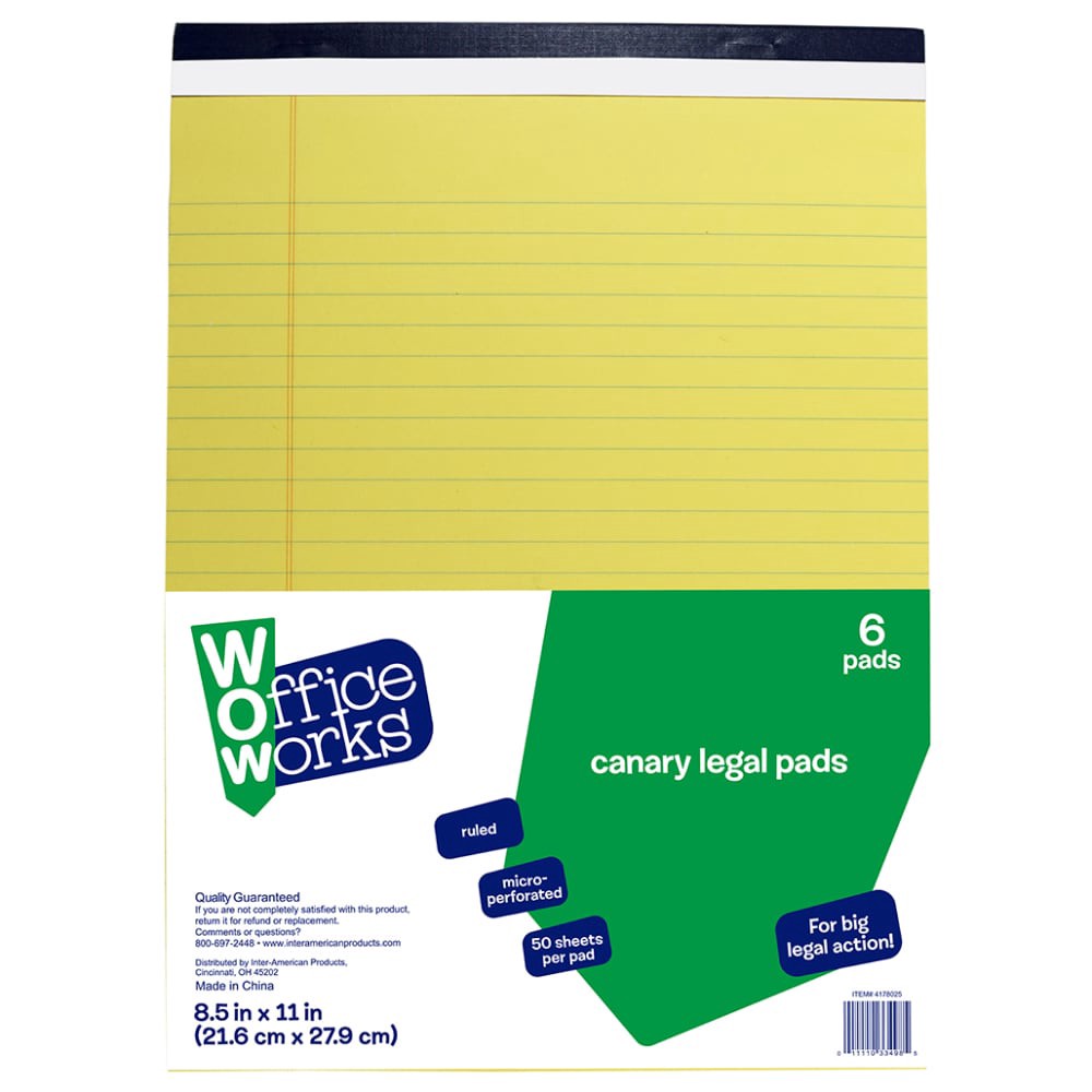 slide 1 of 1, Officeworks 8.5 X11.75 Inch Legal Pad, 6 ct