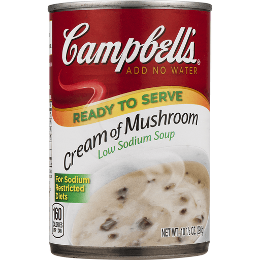 slide 2 of 9, Campbell's Ready to Serve Low Sodium Cream of Mushroom Soup, 10.5 oz
