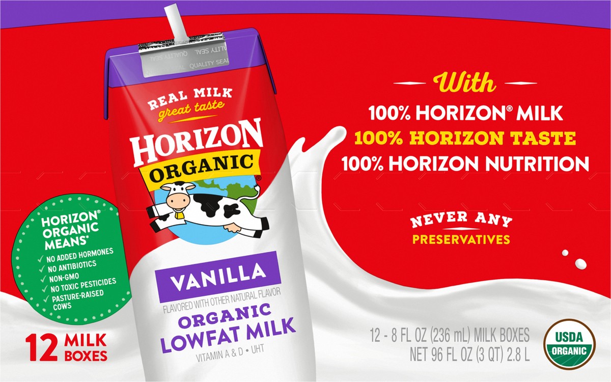 slide 13 of 13, Horizon Organic Shelf-Stable 1% Low Fat Milk Boxes, Vanilla, 8 fl oz, 12 Pack, 96 fl oz