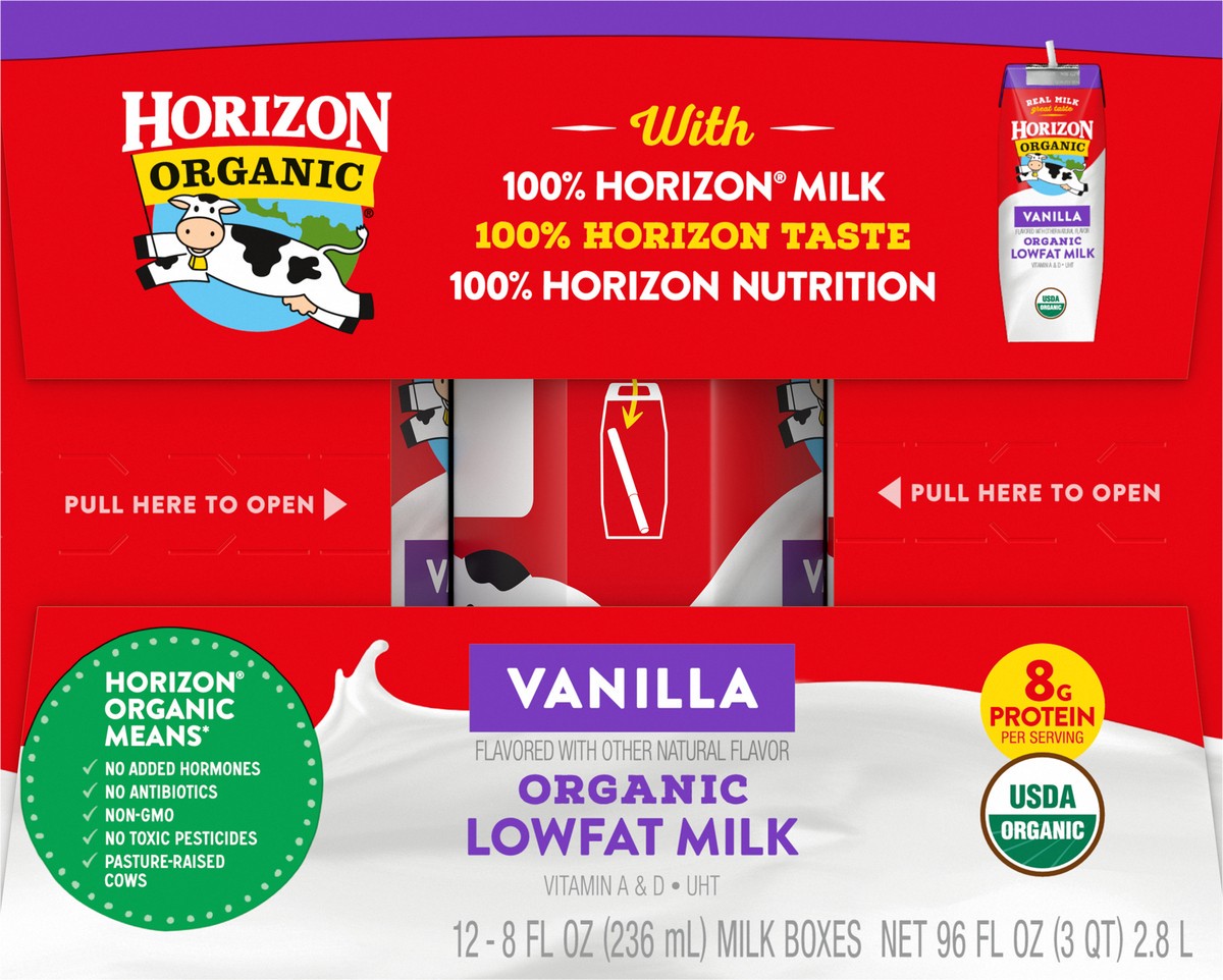 slide 2 of 13, Horizon Organic Shelf-Stable 1% Low Fat Milk Boxes, Vanilla, 8 fl oz, 12 Pack, 96 fl oz