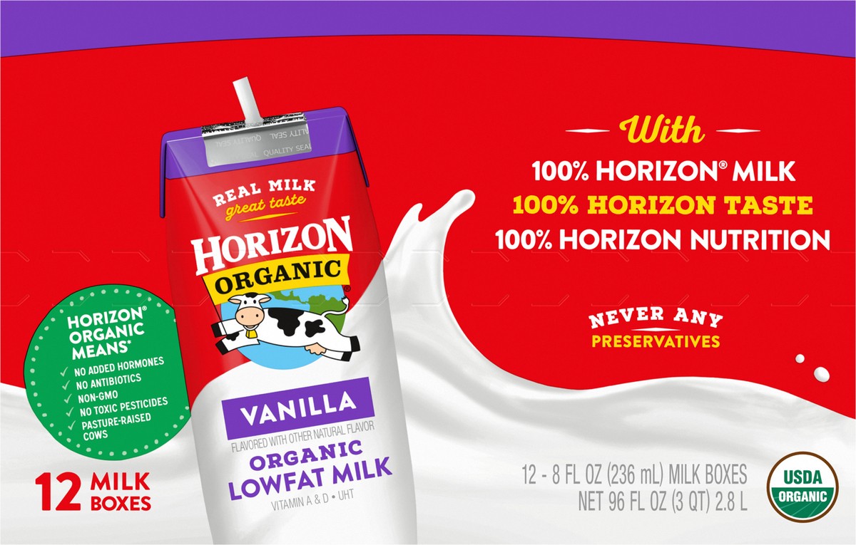 slide 4 of 13, Horizon Organic Shelf-Stable 1% Low Fat Milk Boxes, Vanilla, 8 fl oz, 12 Pack, 96 fl oz