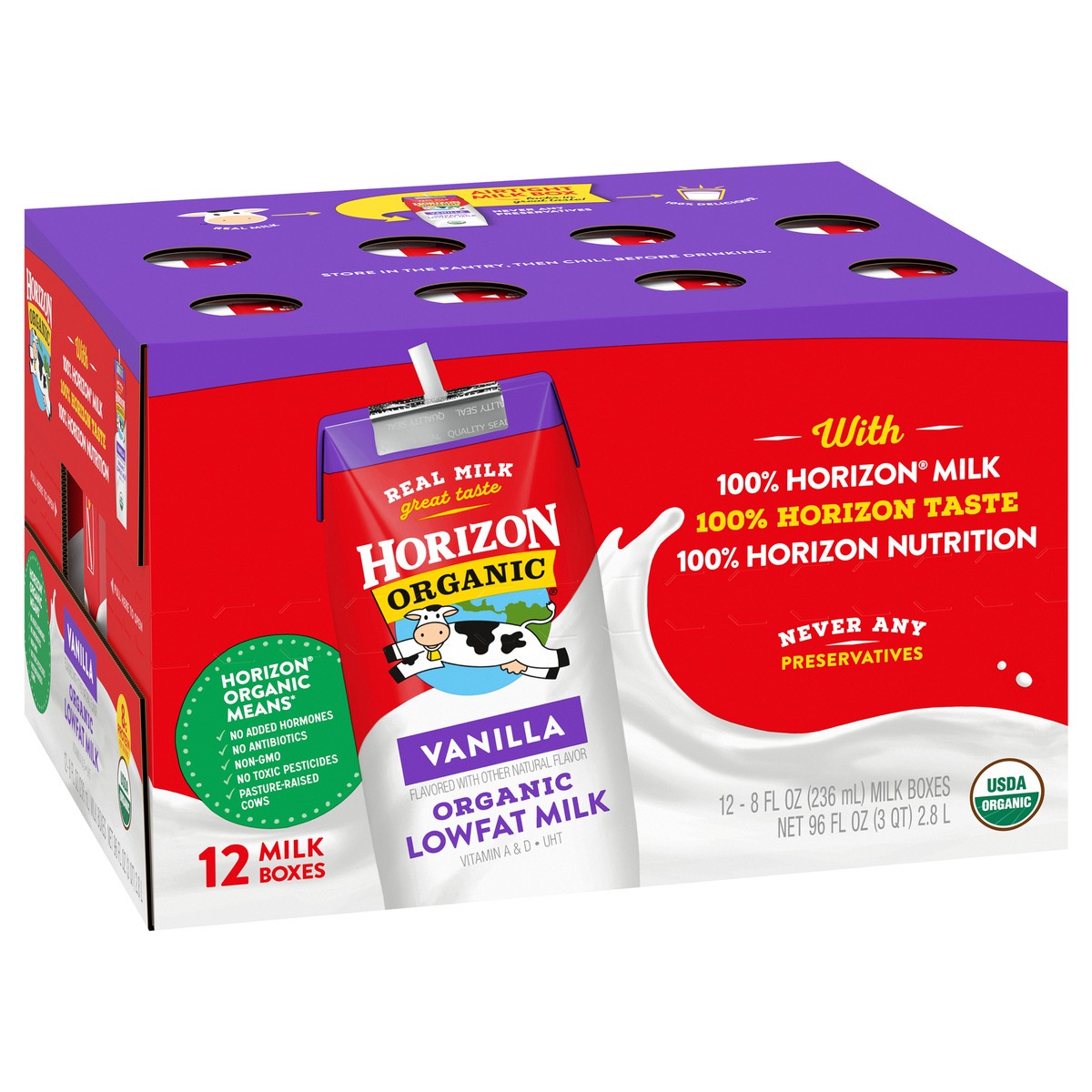 slide 10 of 13, Horizon Organic Shelf-Stable 1% Low Fat Milk Boxes, Vanilla, 8 fl oz, 12 Pack, 96 fl oz