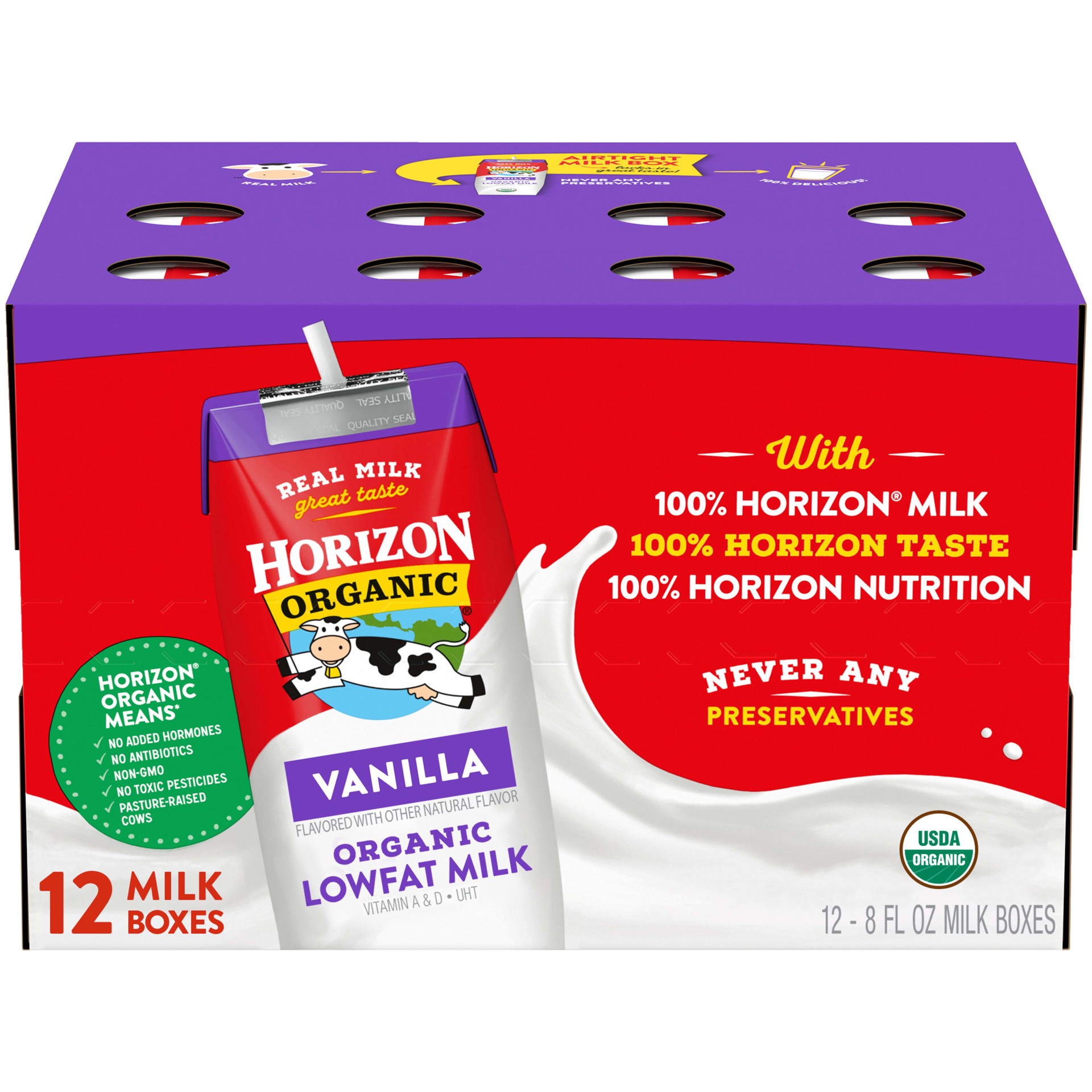 slide 1 of 13, Horizon Organic Shelf-Stable 1% Low Fat Milk Boxes, Vanilla, 8 fl oz, 12 Pack, 96 fl oz