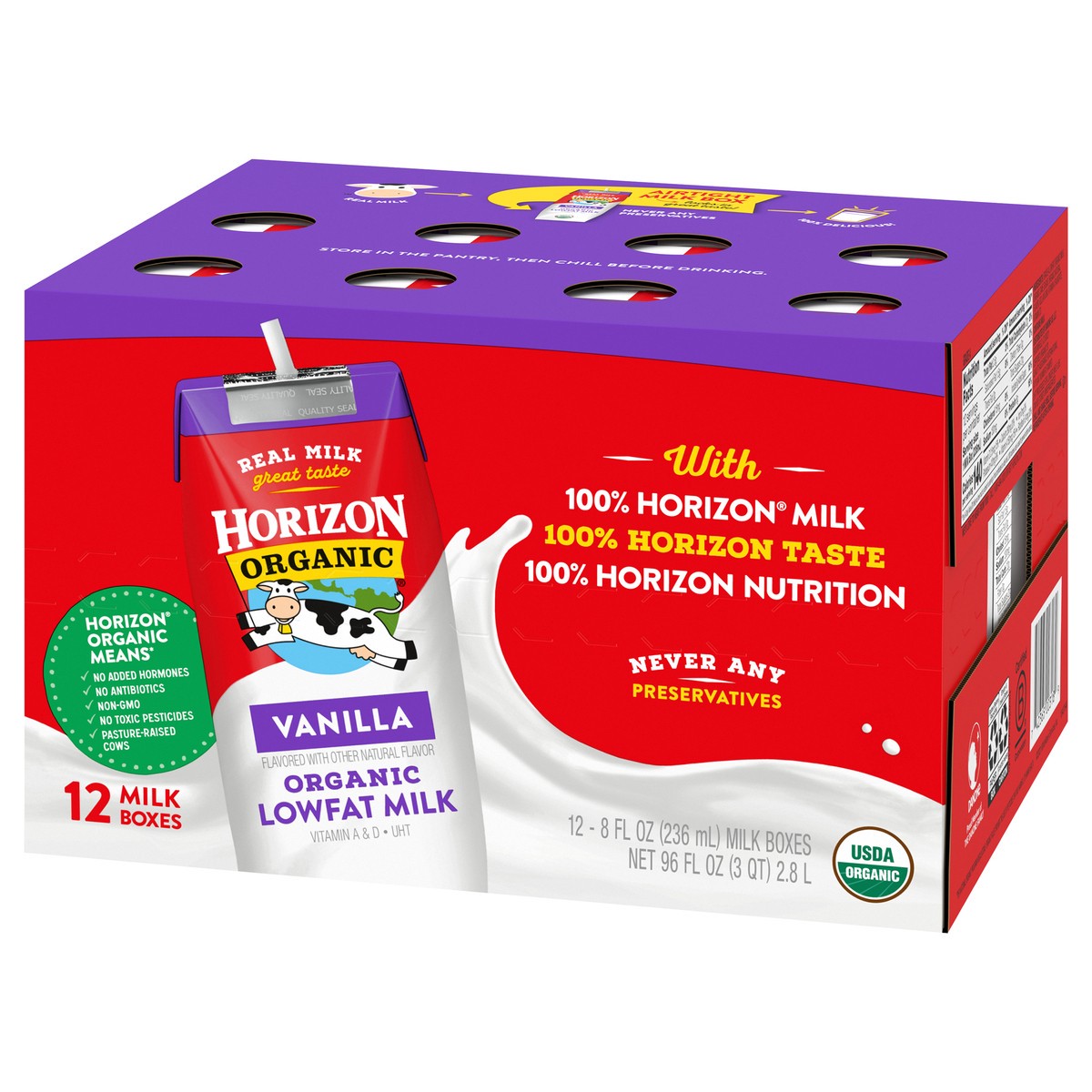 slide 5 of 13, Horizon Organic Shelf-Stable 1% Low Fat Milk Boxes, Vanilla, 8 fl oz, 12 Pack, 96 fl oz