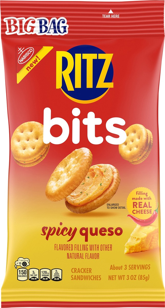 slide 3 of 14, Ritz, Bits Spicy Queso Crackers Sandwiches, Big Bag, 3 Oz, 3 oz