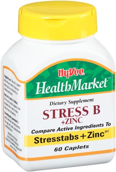 slide 1 of 1, Hy-Vee HealthMarket Stress B +Zinc Dietary Supplement Caplets, 60 ct