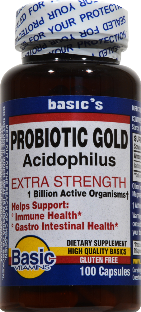 slide 1 of 1, Basic Extra Strength Probiotic Gold Acidophilus Capsules, 100 ct