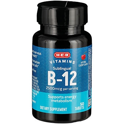 slide 1 of 1, H-E-B Sublingual B-12 2500 mcg Natural Cherry Flavor Tablets, 50 ct