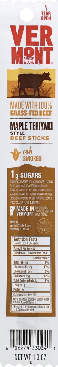 slide 5 of 5, Vermont Smoke & Cure Beef Sticks, Maple Teriyaki Style, Cob Smoked, 1 oz
