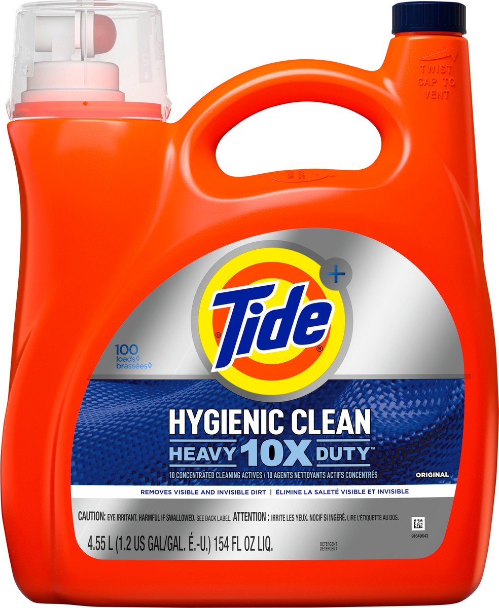 slide 2 of 8, Tide Hygienic Clean Heavy 10x Duty Liquid Laundry Detergent, Original Scent, 154 fl oz., 100 loads, HE Compatible, 4.55 liter