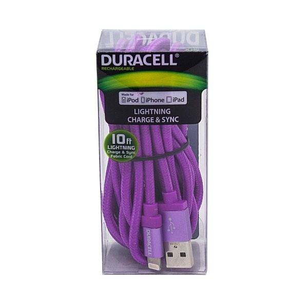 slide 1 of 4, Duracell Fabric Lightning Cable, 10', Purple, Le2237, 1 ct