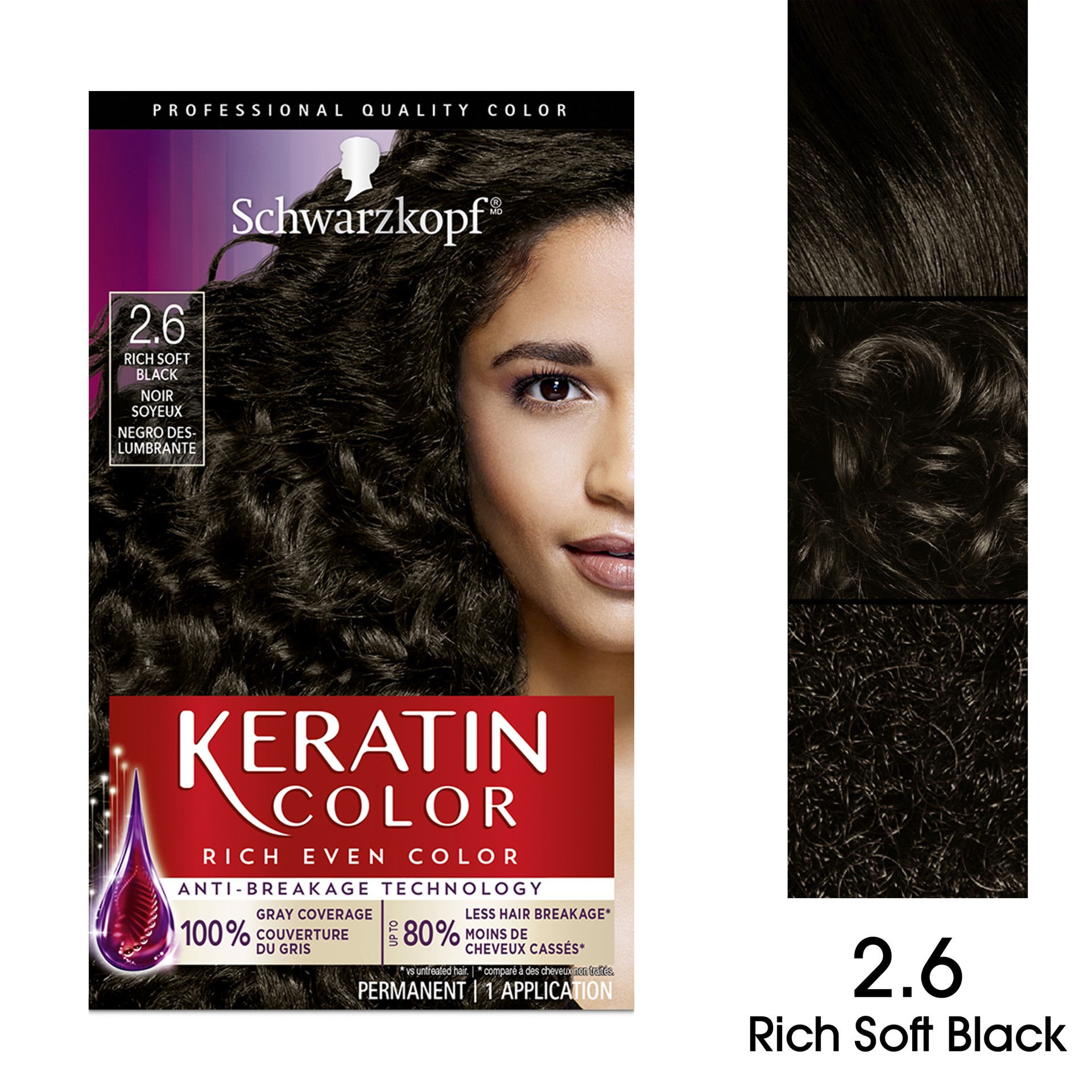 slide 4 of 5, Schwarzkopf Permanent Hair Color, 2.6 Rich Soft Black, 1 Application - Professionally Inspired Permanent Hair Dye, for up to 80% Less Breakage vs Untreated Hair and up to 100% Gray Coverage, 1 kit
