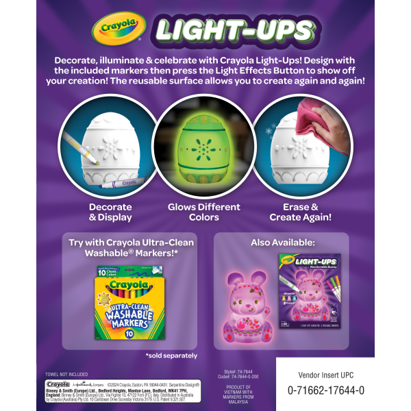 slide 2 of 2, Decorate, Illuminate & Celebrate With Crayola Light-Ups! Design With The Included Markers Then Flip The Switch To See Your Egg Light Up In 3 Different Colors! The Reusable Surface Allows You Easily Wipe Your Markers Clean To Create Again And Again!, 1 ct