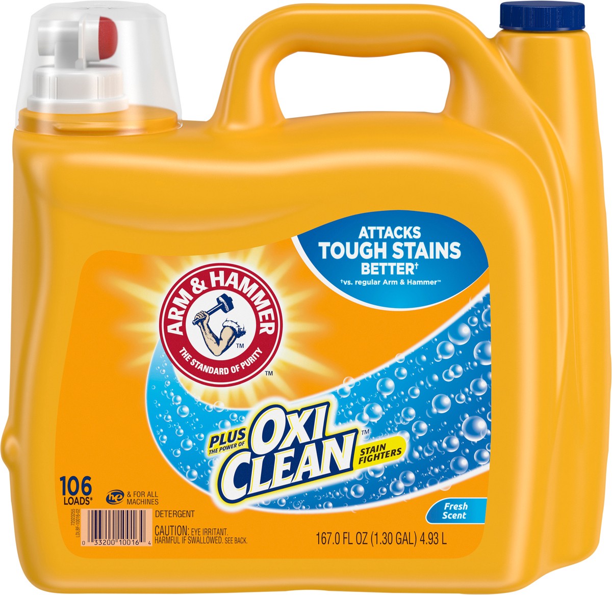 slide 6 of 9, ARM & HAMMER Plus OxiClean Fresh Scent, 106 Loads Liquid Laundry Detergent, 167 Fl oz, 185.5 oz