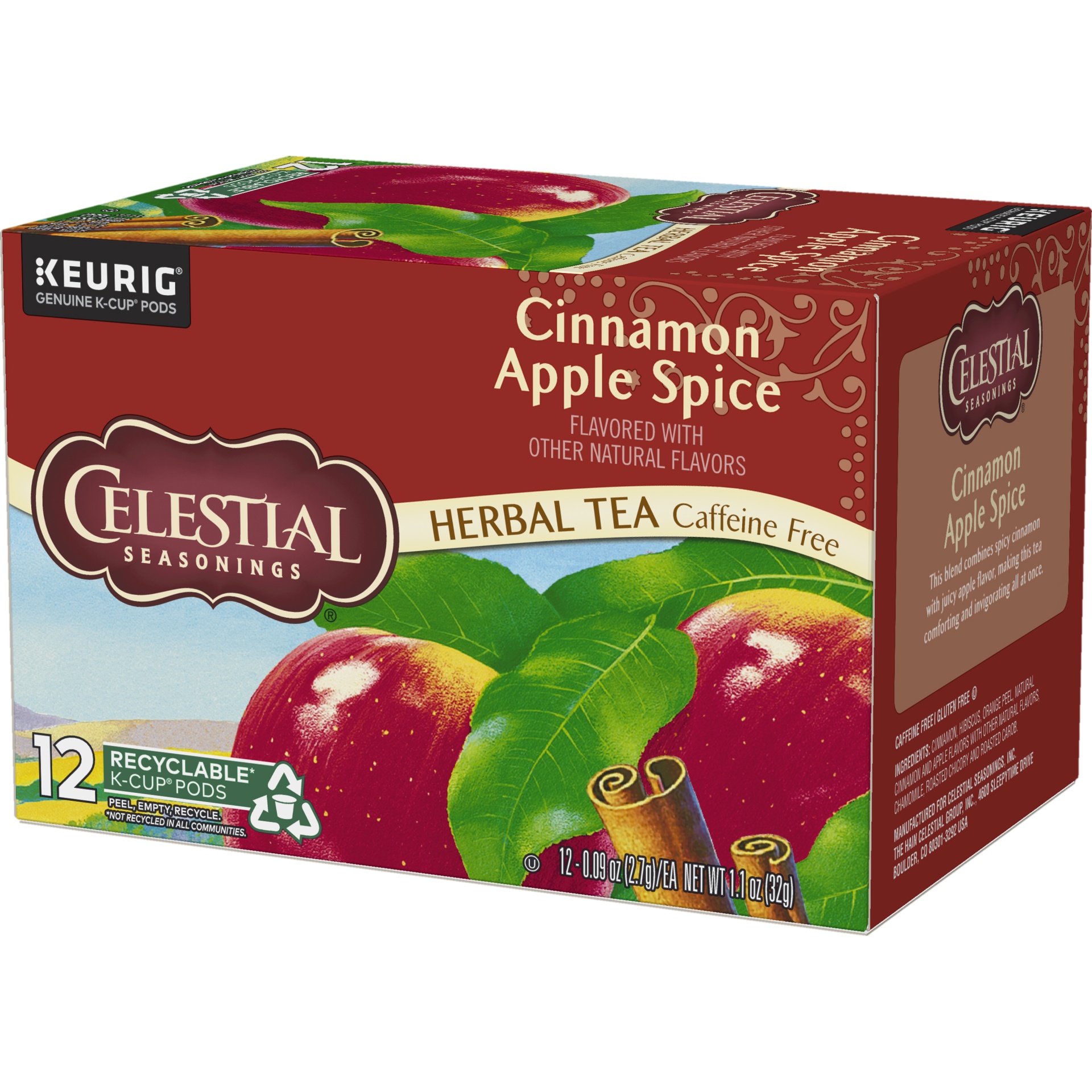 Celestial Seasonings Herbal Tea Cinnamon Apple Spice Flavored Caffeine Free K Cup Pods 12 Ct