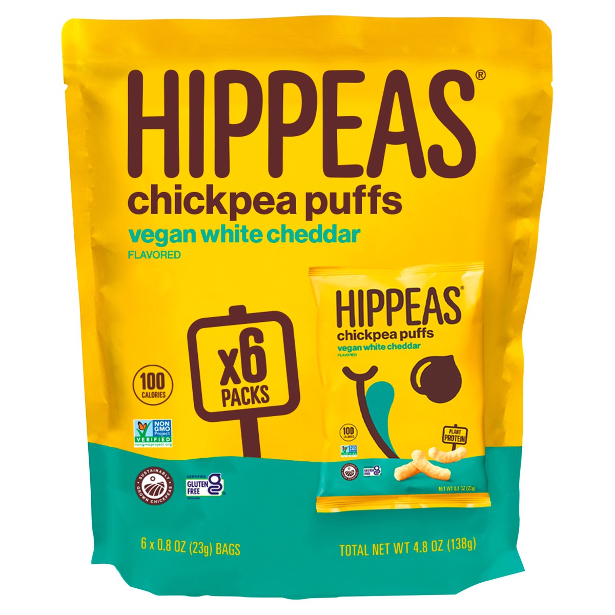 slide 2 of 8, HIPPEAS Groovy White Cheddar Chickpea Puffs 6 - 0.8 oz Bags, 6 ct