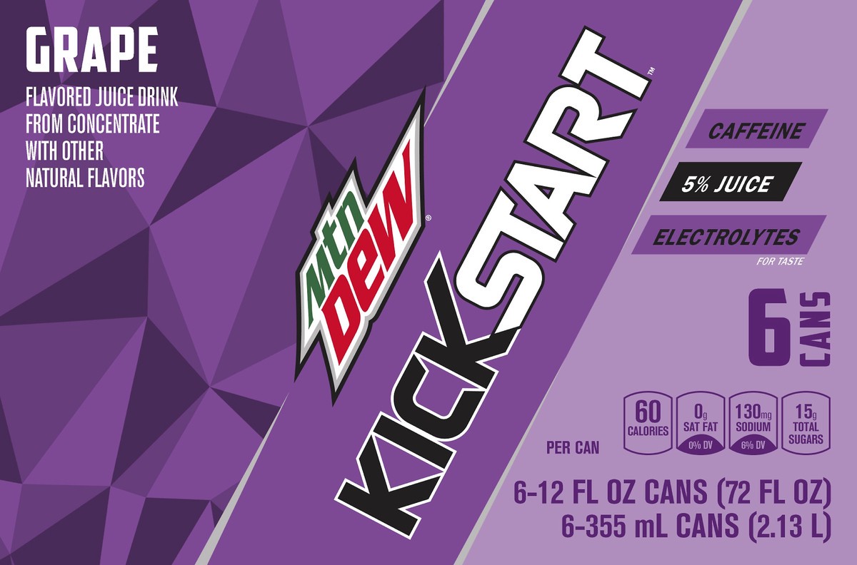 slide 4 of 4, Mountain Dew KickStart 6 Pack Electrolytes Grape Flavored Juice Drink 6 ea, 6 ct