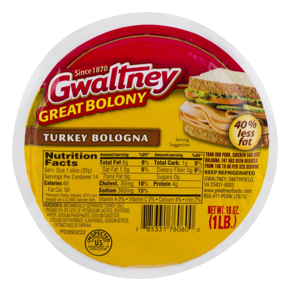 slide 1 of 1, Gwaltney Great Bolony Bologna Turkey, 16 oz