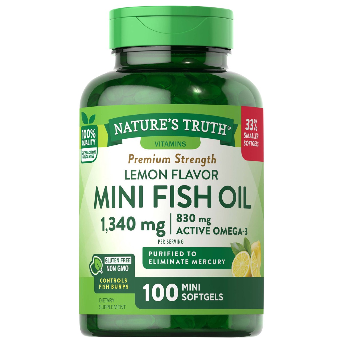 slide 1 of 5, Nature's Truth Premium Strength Lemon Flavor Mini Fish Oil 1,300 mg, 100 ct