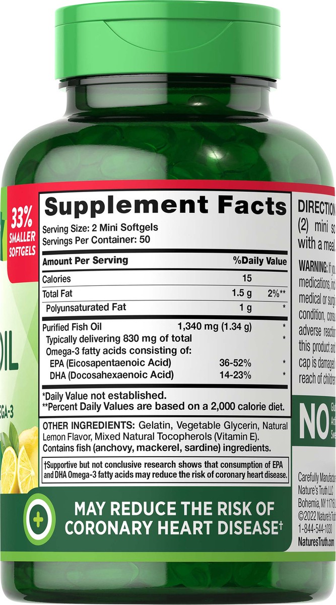 slide 5 of 5, Nature's Truth Premium Strength Lemon Flavor Mini Fish Oil 1,300 mg, 100 ct